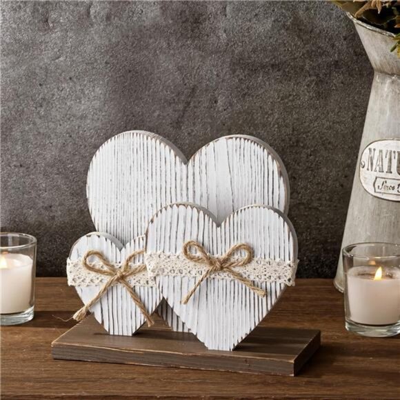 Love Rustic White Wood Heart Table Decorations Sign Farmhouse Valentines